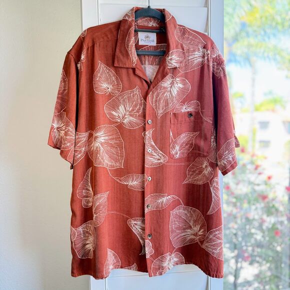 Vintage 100% Silk Button-Down Shirt in Red & White Leaves size L by Paradise - Picture 1 of 7